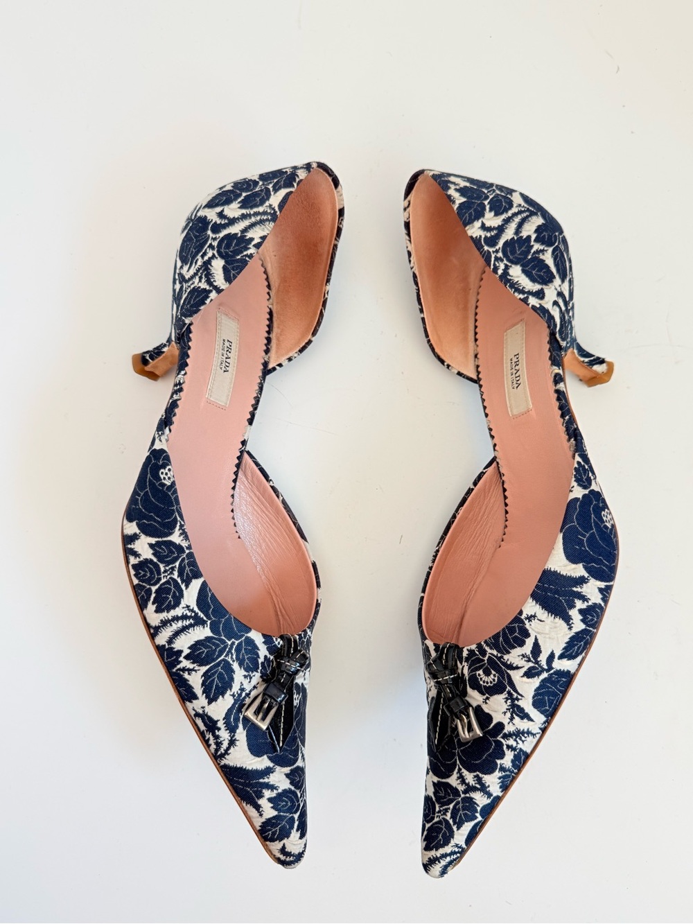 Prada Vintage Y2K 1P2937 Rose Jacquard Bleu D’Orsay Kitten Heels 38 - Picture 3 of 8